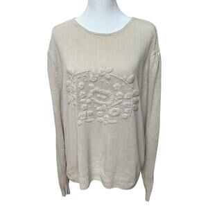 WinterSilks 100% Silk Sweater - XL - Cream Floral Knit Design